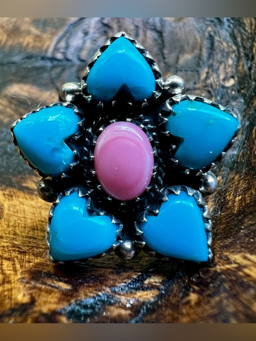 925 Kingman Turquoise Pink Conch Cluster Ring Size 9 Sterling Silver